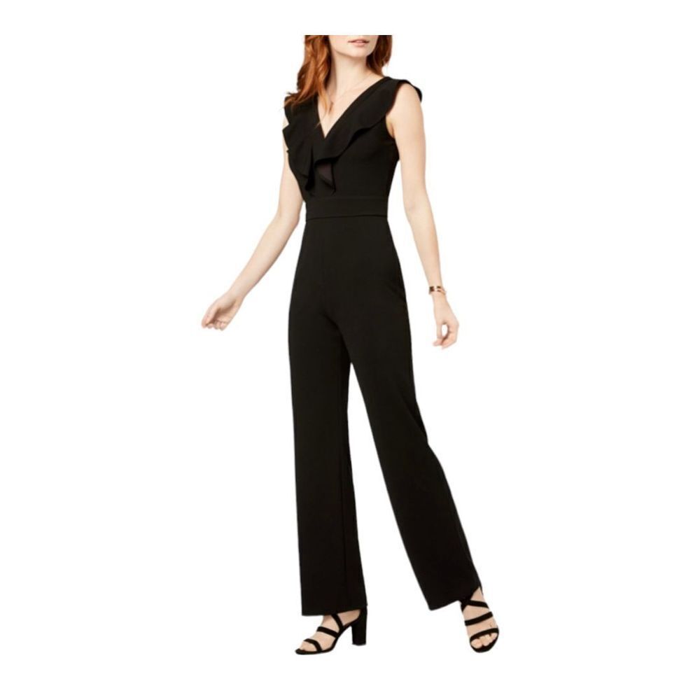 BAR III Sleeveless Ruffle Evening Wear Jumpsuit V Neck in Black Size 4 NWT